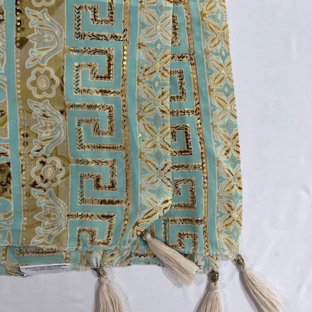 Art Silk Damask Scarf Womens OS Aqua Gold Tassel Trim | Bohemian - Picture 2 of 6